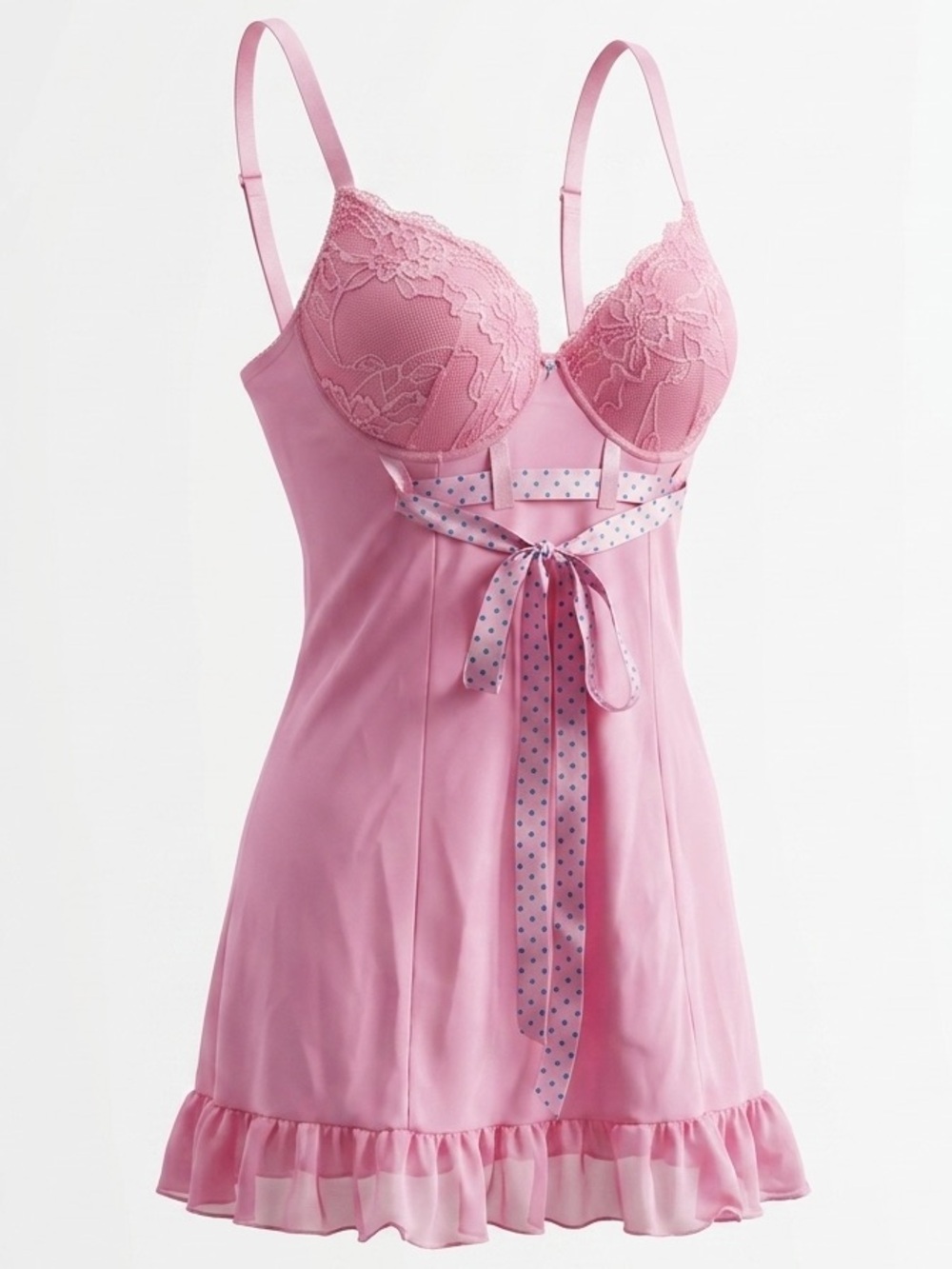 La Vie En Rose Pastel Pink Lace-Trim Chemise with Ribbon Tie Size M